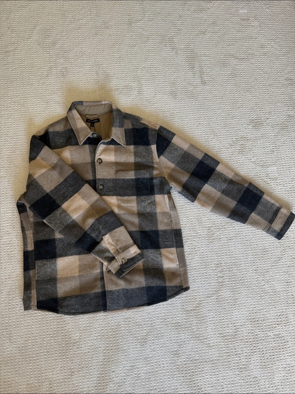 Banana Republic Men's Beige and Black Plaid Button-Up Shirt Jacket